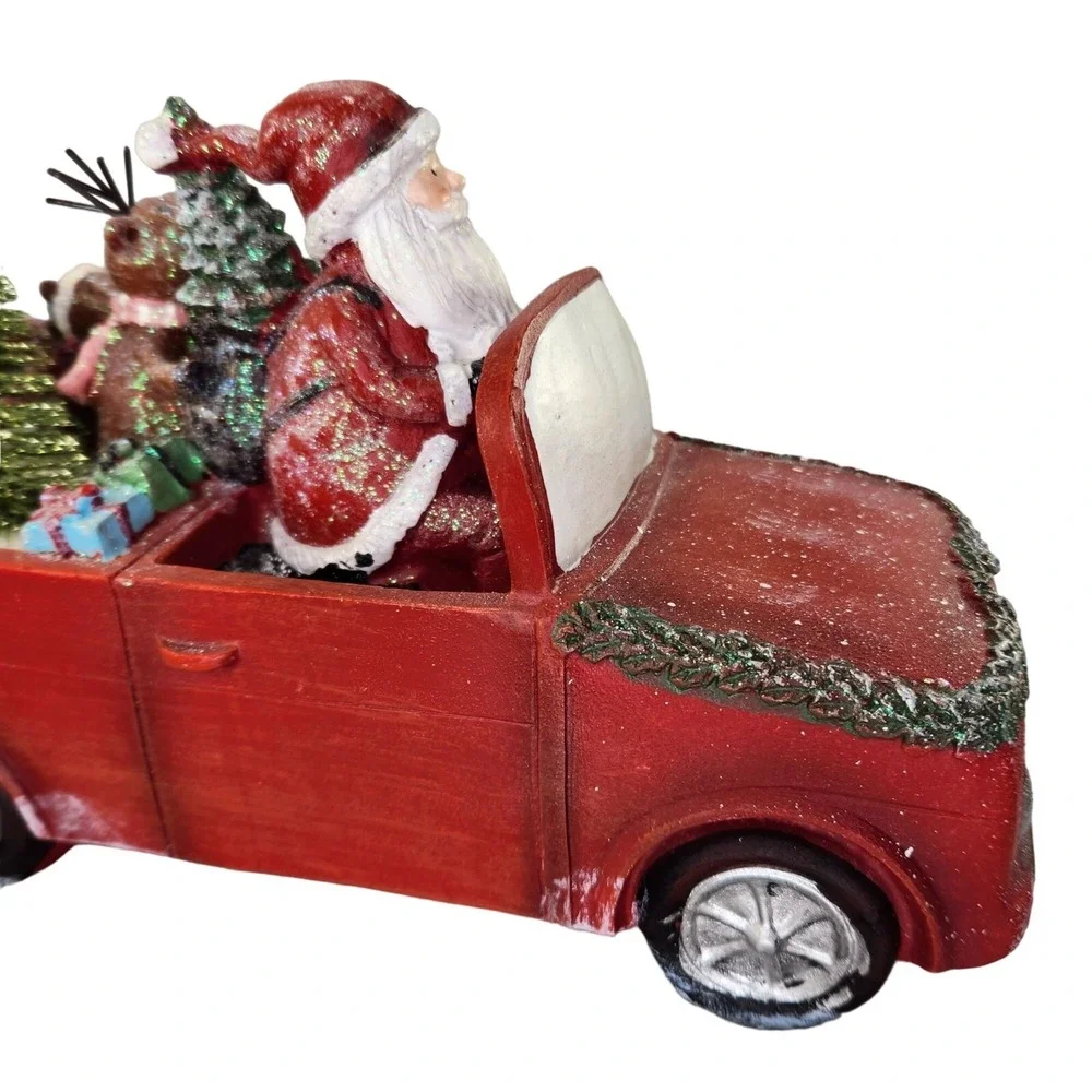 Santa Claus in a Red Truck Christmas Bottle Brush‎ Trees Folkart Distressed READ
